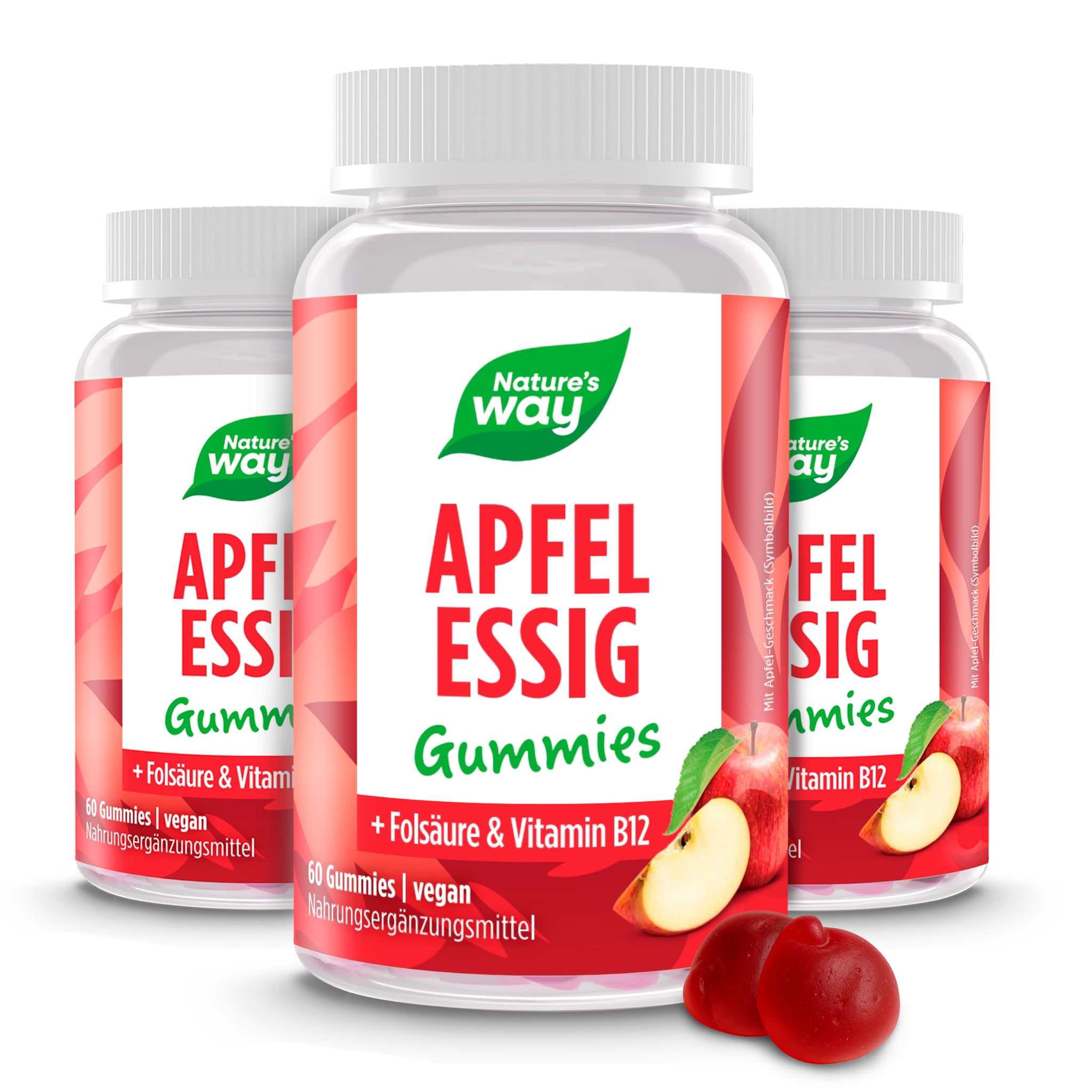 Apfelessig Gummies I 1000 mg Apfelessigpulver, Folsäure, Vitamin B12 I natürlicher Apfelgeschmack I vegan I 60 Stk