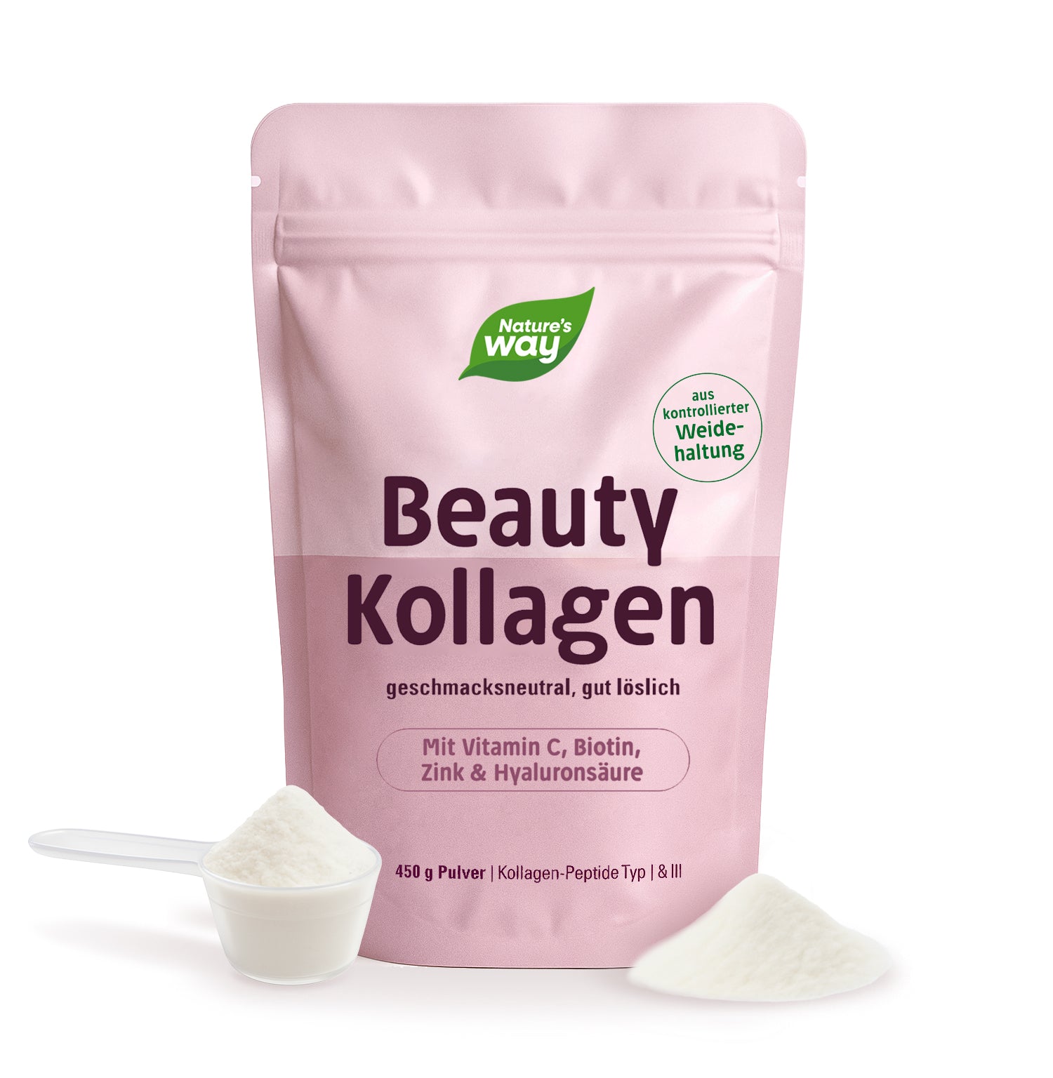 Beauty Kollagen Pulver I 5in1 I 15 g Kollagen Typ I & III, 50 mg Hyaluronsäure, Biotin, Vitamin C, Zink I 30 Portionen