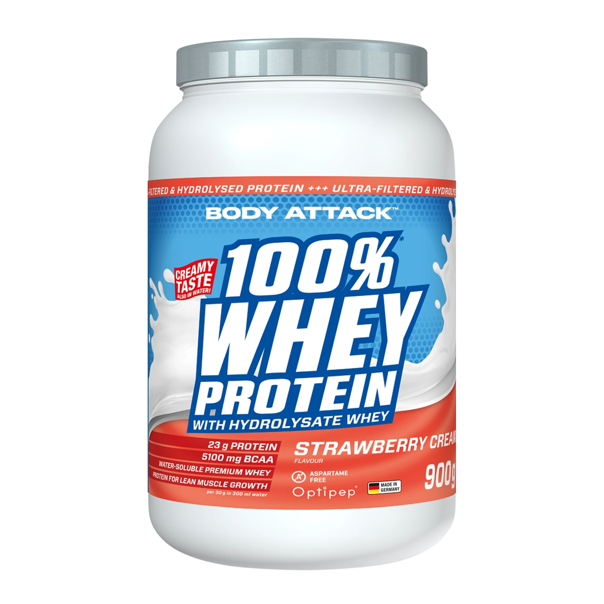 Body Attack - 100 % Whey Protein - Strawberry - 900 g